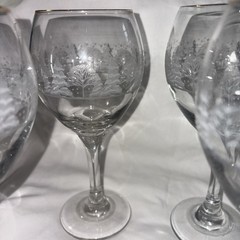4 Vintage Arby’s Christmas Wine Goblet Glasses Winter Scene Snow Trees Gold Rims
