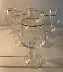 6 Bohemia Crystal Cascade Wine Goblet Etch Glass 22K Rim Czech Elegant Romance