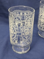 2 Vintage ANCHOR HOCKING Raised White Lace Filigree Floral Glass Glasses 5.25″
