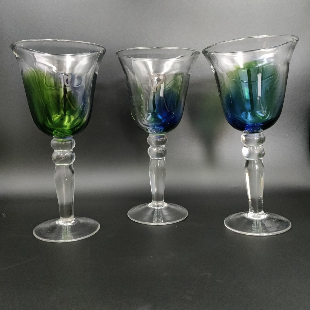 Pier One Goblet Wine Glass Blue/Green/Clear Thick Blown Glass Lot of 3