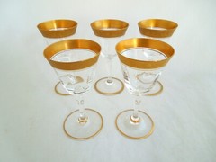 Moser or Minton Tiffin Cordial Glasses Clear Crystal Gold Band Set of 5 4.5″