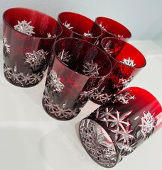 6 Snow Crystals Ruby Red cased cut to clear crystal whiskey rocks STORE CLOSING