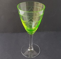 Art Nouveau Wine Glass Foot Cup Uranium Glass Etched Decor around 1900 N384