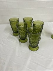 Vintage Indiana Glass Whitehall Cubist Avocado Green 12oz Footed Tumblers Set 5