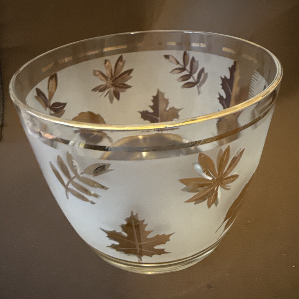 Vintage MCM 5.75″W X 4.»H Libbey Gold Leaf Frosted Ice Bucket Barware
