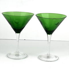 Set of 2 Martini Glasses Green Etched Indented Polka Dots Dimples