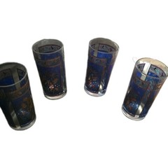 Vintage 4 Houze Pheasant Highball Glasses MCM Mid Century 12 Oz Blue Gold