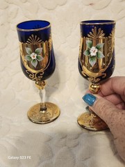 2 Vintage Cobalt Blue Tre Fuochi 24KT Cordial Glasses Murrano 5” Tall