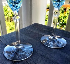 Pair of Fostoria Etched June Azure Blue 8.25″ Wine / Water Glasses