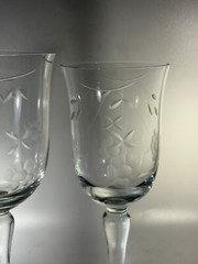 Clear,glass, etched flowers, red&white wine glasses