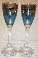 Bohemian Cordial Flute Glasses PAIR Twisted Stem Blue w/ Gold accents Timon?