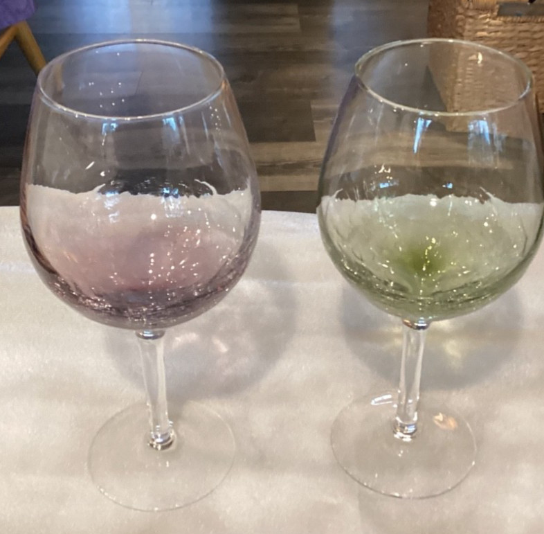 Pier 1 – 8 5/8” Lg Wine Glasses. 1 Purple Crackle and 1 Green Crackle!