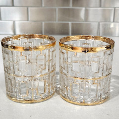 Vintage Imperial Shoji Trellis MCM 22K Gold Old Fashioned Rocks Glass Set of 2