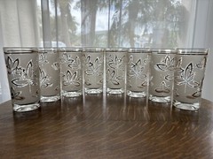 VTG 8 MCM 22K Gold Frosted Cocktail Glasses 12oz Water Lillies Lotus Flowers
