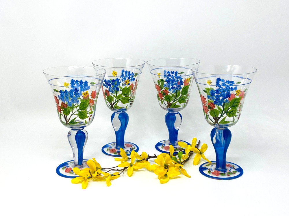 Hand Painted Wild Flowers & Butterflies Wine Water Goblets Beautiful!