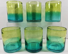 6 Bubble Glass Yellow Green Double Old Fashioned Set Hand Blown Art Tumblers Lot