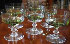 SASAKI REGENCY Vtg MCM Set 6 Champagne/Sherbet Glasses OLIVE GREEN w Clear Stem