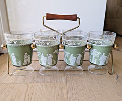 Vintage Jeannette Hellenic Green Cocktail Glasses Greek Key Gold Rim Barware