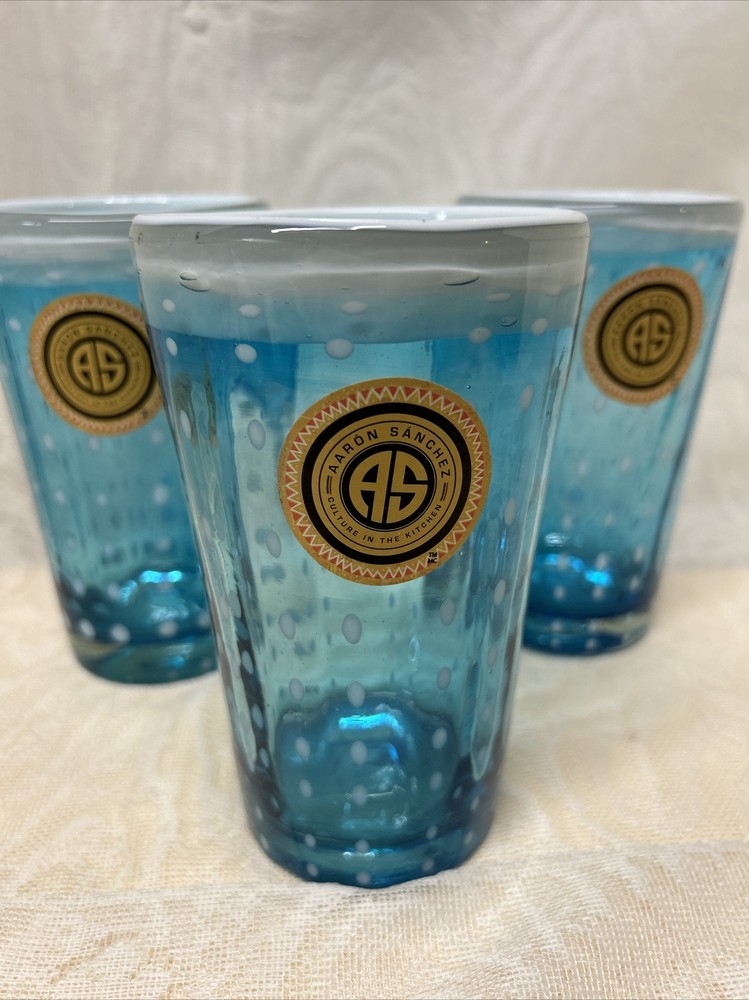 Handblown Turquoise With White Dots Drinking Glass Aaron Sanchez New With Label