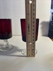 Vintage RUBY RED Cordial Shot Glasses France Luminarc Clear Stems/Bases Set Of 2
