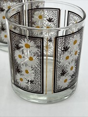 LIBBEY Set Of 4 DAISY Double Old Fashion GLASSES GLASS BROWN GOLD 1970 VINTAGE