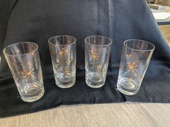 Vintage set of 4 Atomic Starburst Gold Pattern Bar Glasses Unused Cocktail Size