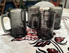 Vtg Anchor Hocking Georgian Smoke Glass Mugs, Goblets, Wine Glasses 12 Piece Set