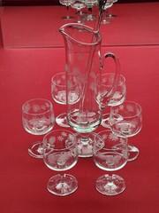 Vintage Etched Flower Pitcher w/Stirrer and 6 Glasses