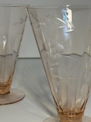 Set of 4 Depression Era 1940s Pink Etched Floral Glasses, Tapered Shape