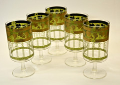 Vintage Cera Glass Water Goblets Grecian Green 22K Gold Grapes Set of 5