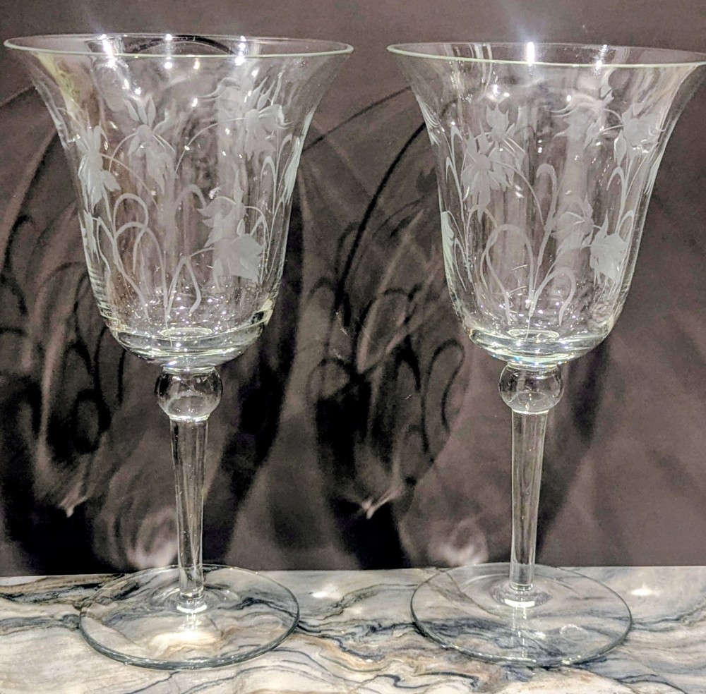 Tiffin Franciscan Etched Crystal Wine Goblets Tulip Iris Vine Thin Rim Pair 8″