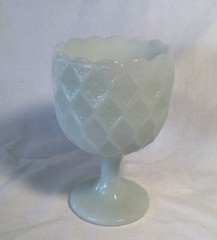 Vintage Diamond Design Milk Glass Textured Scalloped Rim Pedestal Goblet