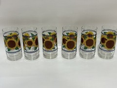 6 Vintage Glass Tumblers 16 oz To Rim 5 3/4″ Tall Sunflowers, Blue Checkered