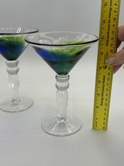 Hand Blown Art Glass Martini Glasses Blue Green Barware Set of 2