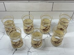 Libbey Tumbler Glasses (7) 16 oz Partridge Quail Bird Brown & Cream Crackle VTG