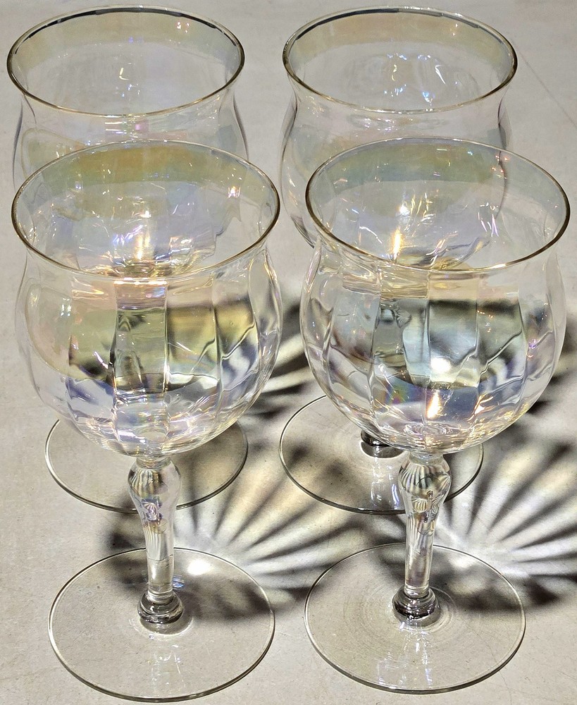 Goblets Vintage Wine Glasses Optic Iridescent Fluted x 4 Smooth Stem