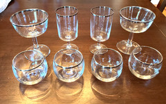Set of Silver Rimed Bar (whiskey, roll poly, champagne, goblets) glasses