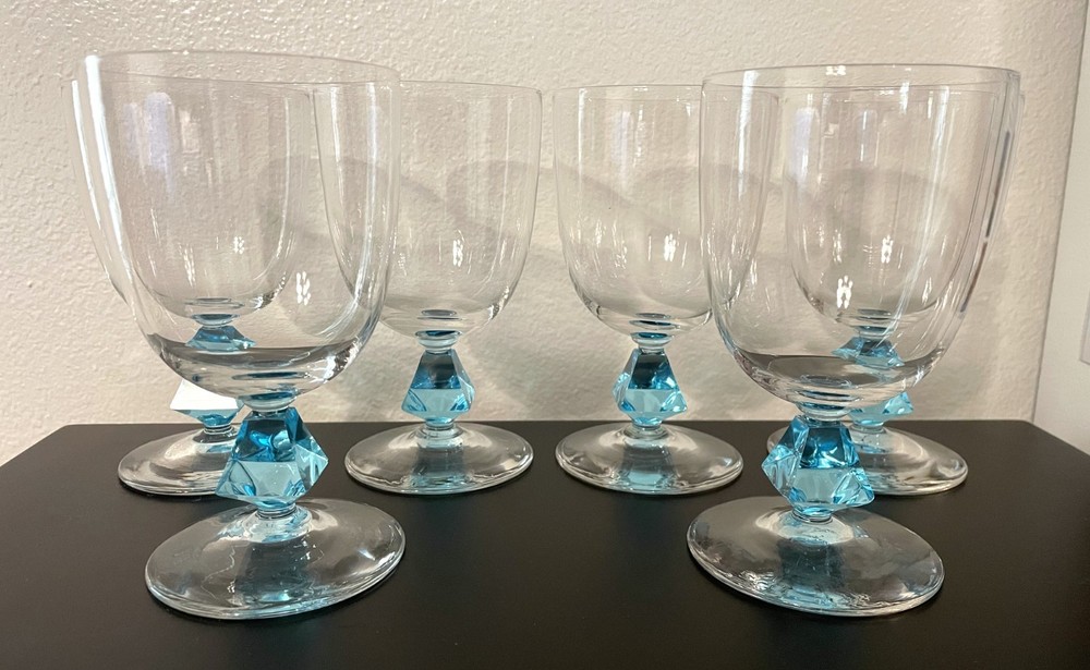 Bryce Clear Blown Glass Glasses Aquarius Cerulean Blue Water Goblets 6pc Set