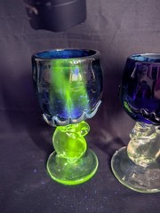 2 Cobalt GLOWY! Art Glass STAG DEER ELK Wine Glasses Silver Black Signed Dated