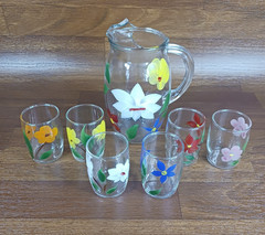Vintage Bartlett Collins Juice Set Pitcher + 6 Glasses Hand Painted Floral MCM