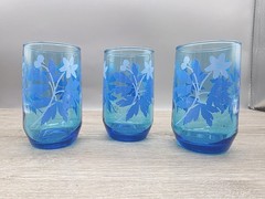 Set Of 3 Libbey Blue Floral Daisy Glasses 5” MCM Great Condition Flower Vintage
