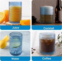 Hobnail Drinking Glasses Set of 12 with Silicone Coasters, Blue, Highball and