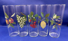 Vintage MCM Set of 5 Fruit Tom Collins Glasses 6.75 inches tall Narrow straight