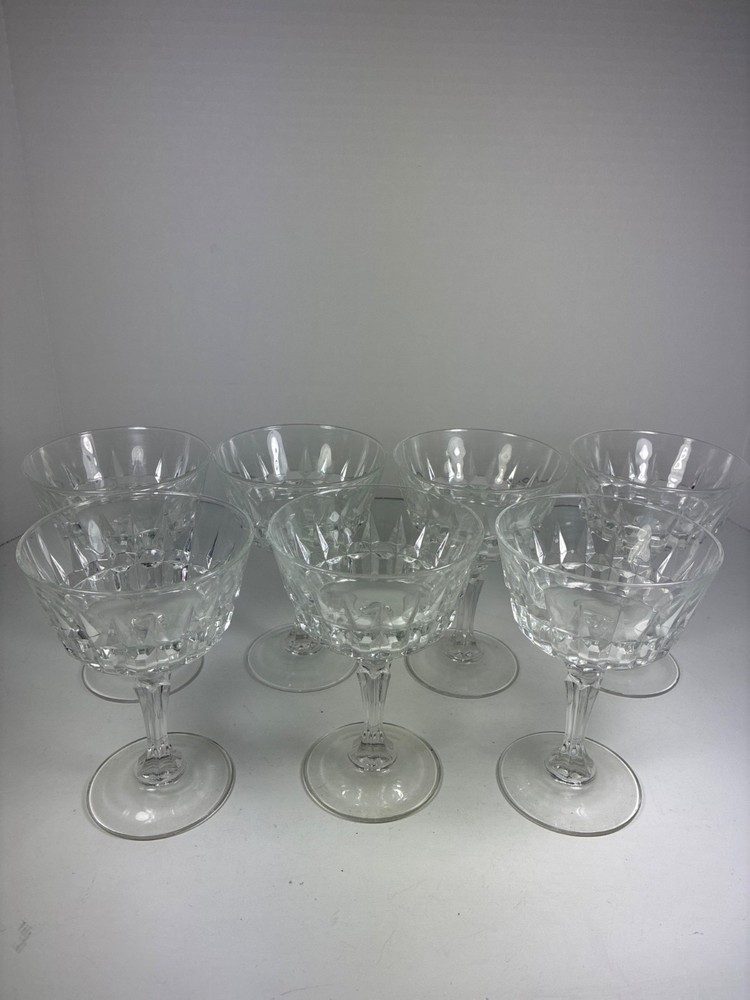 Set of 7 Vintage Crystal Champagne Coupe Sherbet Dessert Glasses Faceted Stemwar