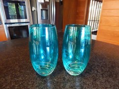 PIER 1 TEAL PAVO PAIR of 2 TUMBLERS Turquiose Cut to Clear NEAR PERFECT COND