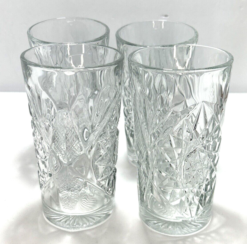 Set of 4 Libbey Hobstar Star Burst Clear Glass 6″ Tumblers Highball Ice Tea NEW