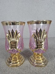 Set of 2 Pink & Gold Rose Stemmed Ornate Goblets Cut Glass Vintage Mid Century