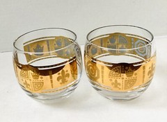 MCM mid century Pair Vito Bari Gold Roly Poly Glasses Culver Style Bar Glasses
