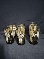 BROWN FALL AUTUMN LIBBEY FRAMCO WHEAT SHEAF PATTERN GLASSES VINTAGE LOT OF 6