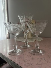 3 Pcs FOSTORIA CORSAGE: 2 CHAMPAGNE/COCKTAIL glasses & 1 Water Glass- Sm Chips